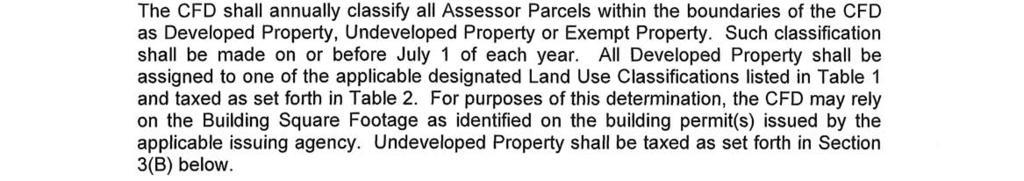 Section 2. Assignment to Land Use Classifications The CFD shall annually classify all Assessor Parcels within the boundaries of the CFD as Developed Property, Undeveloped Property or Exempt Property.