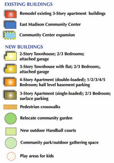 Parking 3-Story 3-Flat; 2 Bedroom; Surface Parking Pedestrian Crosswalks Relocated Community Garden New Outdoor Handball Courts Community Park / Outdoor Gathering Space New Units = 261 Units