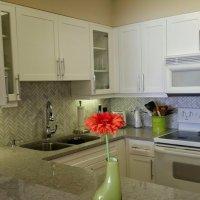 Appliances in the condo include a side-by-side refrigerator with ice and filtered water through the door, dishwasher, electric stove, and a full-sized