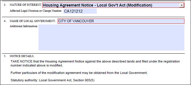 Housing Agreement Notice Vancouver Charter (Modification) Housing agreement field: when Housing Agreement Notice Vancouver Charter (Modification) is selected from the drop down menu, non-editable