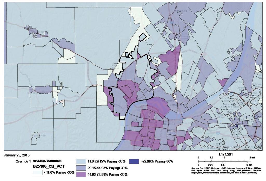 Figure 22 - Housing Cost Burden by Census Tract - CPD Maps Figure 23 shows where in the community people are experiencing a cost burden, both renter and homeowner.