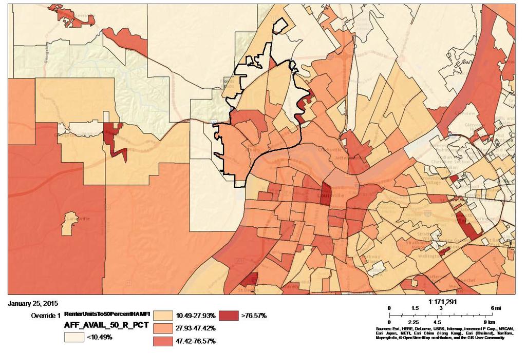 All rental units affordable to households earning between 31 and 80 percent of the area median family income are also located in the same areas, although in greater numbers.