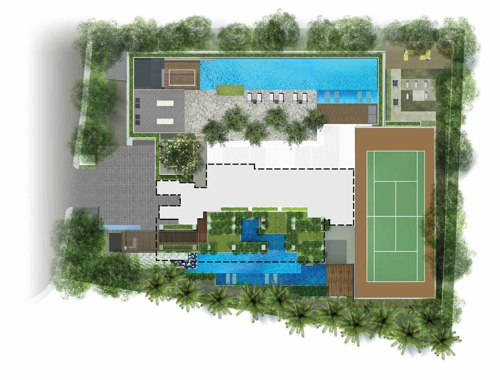 SITE PLAN CITY VIEW LEVEL 1 Legend A Swimming Pools POOL@1 A1 Swimming Pool A2 Children s Pool A3 Wading Pool A4 Reflective Pool B Cascading Water Feature C Pavilion Walkway D Entrance Court E Tennis