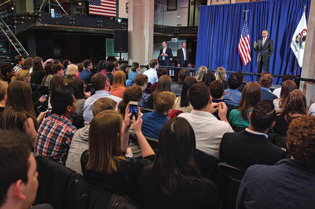 Before the President began his event in the Green Lounge, he surprised the students with a visit to the D Angelo Law Library Reading Room, which functioned as an overflow space where students could