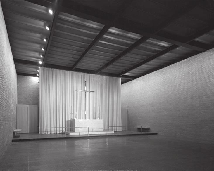URBAN SCALE AND CLEAR STRUCTURE, 1951-59 6.8 Rendering of initial scheme for Mies's Robert F. Carr Memorial Chapel (above), and views of the final building (left), 1952.