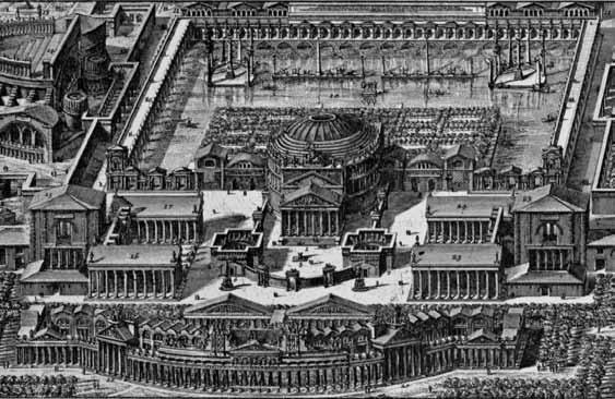 Piranesi included in the Campo Marzio two vedute of the Pantheon standing alone in a deserted city, and noted odd remains at the back to support his idea that it must have been the centre of an