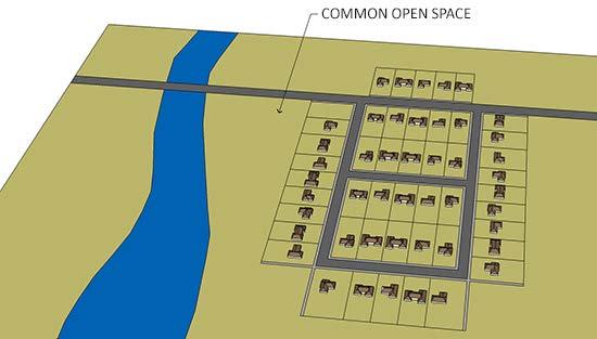 Figure 9.1.302A Illustrative Clustered Neighborhood C. Planned Neighborhood. On parcels proposed for development where the developer chooses to provide more than one housing type (e.g., single-family detached and single-family attached housing) and areas of common open space are the organizing feature, the following shall apply (see Figure 9.