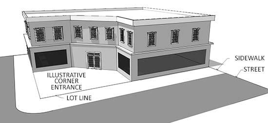 Figure 10.1.301B Illustrative Corner Entrance 6. Building Placement. a. The proposed development, redevelopment, or substantial improvement shall harmonize with abutting properties.