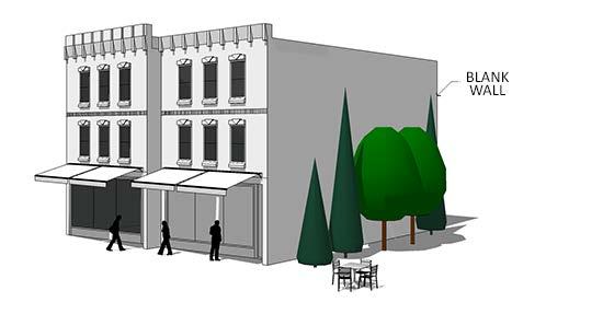 Figure 10.1.301D Blank Wall Landscaping Treatment D. Design Features. The following standards apply to design features of buildings and structures in the C-3 district. 1. Awnings.