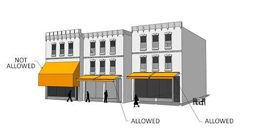 Figure 10.1.301E Placement of Awnings f. Awnings shall not be installed so as to extend across more than a single building or building module. g.