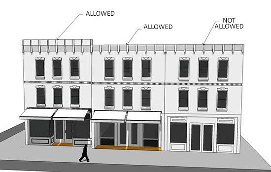 Figure 10.1.301F Building Entries 3. Building Materials. Material finishes shall reflect main street vernacular for building materials for new, redeveloped, or substantial building construction. a.