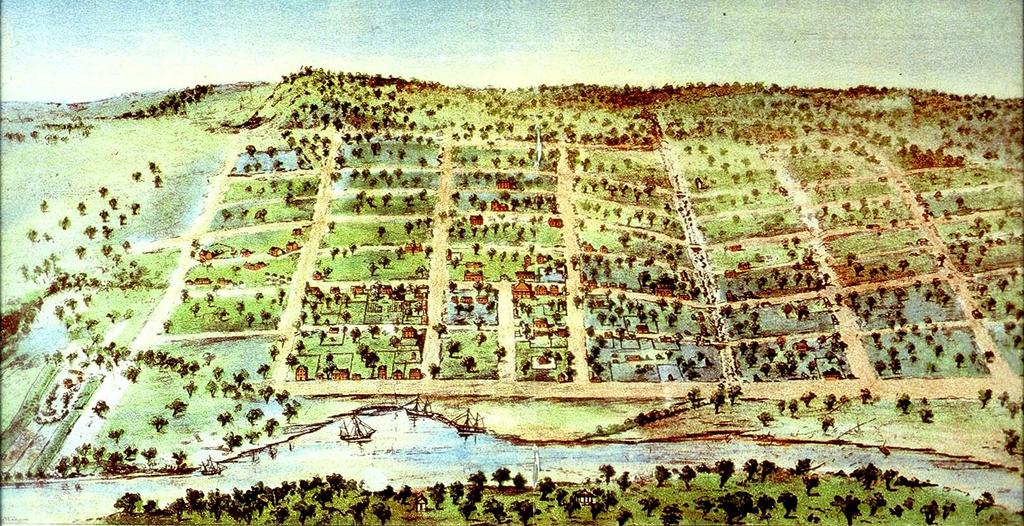 reconstructed ærial view of Melbourne in 1838 by Clarence Woodhouse,