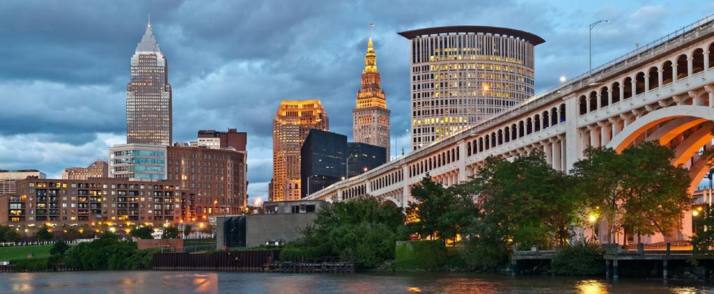 Cleveland, Ohio Cleveland is based on the southern shore of Lake Erie near the mouth of the Cuyahoga River. It is 90 miles west of the Pennsylvania border and the county seat of Cuyahoga County.