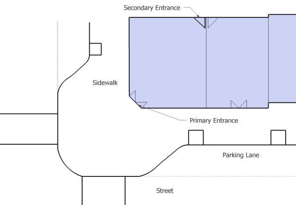 Graphic showing location of primary and secondary entrances to buildings.