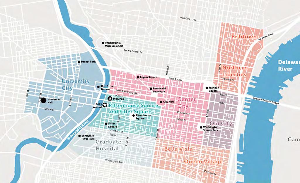 Philly Neighborhoods Explained The most popular neighborhoods for Wharton MBA students The Top FOUR Wharton MBA Neighborhoods Rittenhouse and 1 2 Broader Center City Fitler Squares 85% of students 7%