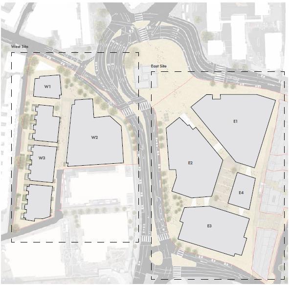 Figure Two: Building Outlines for East & West Sites The affordable homes will be delivered in block E3 (comprising two residential buildings) located in the southern part of the eastern site and in