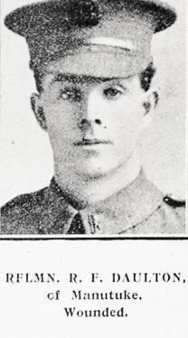 Rifleman Royal F Daulton # 18630 served in WWI with the New Zealand Rifle Brigade, 9th Reinforcements 2nd Battalion, F Company. He embarked from Wellington 26 July 1916.