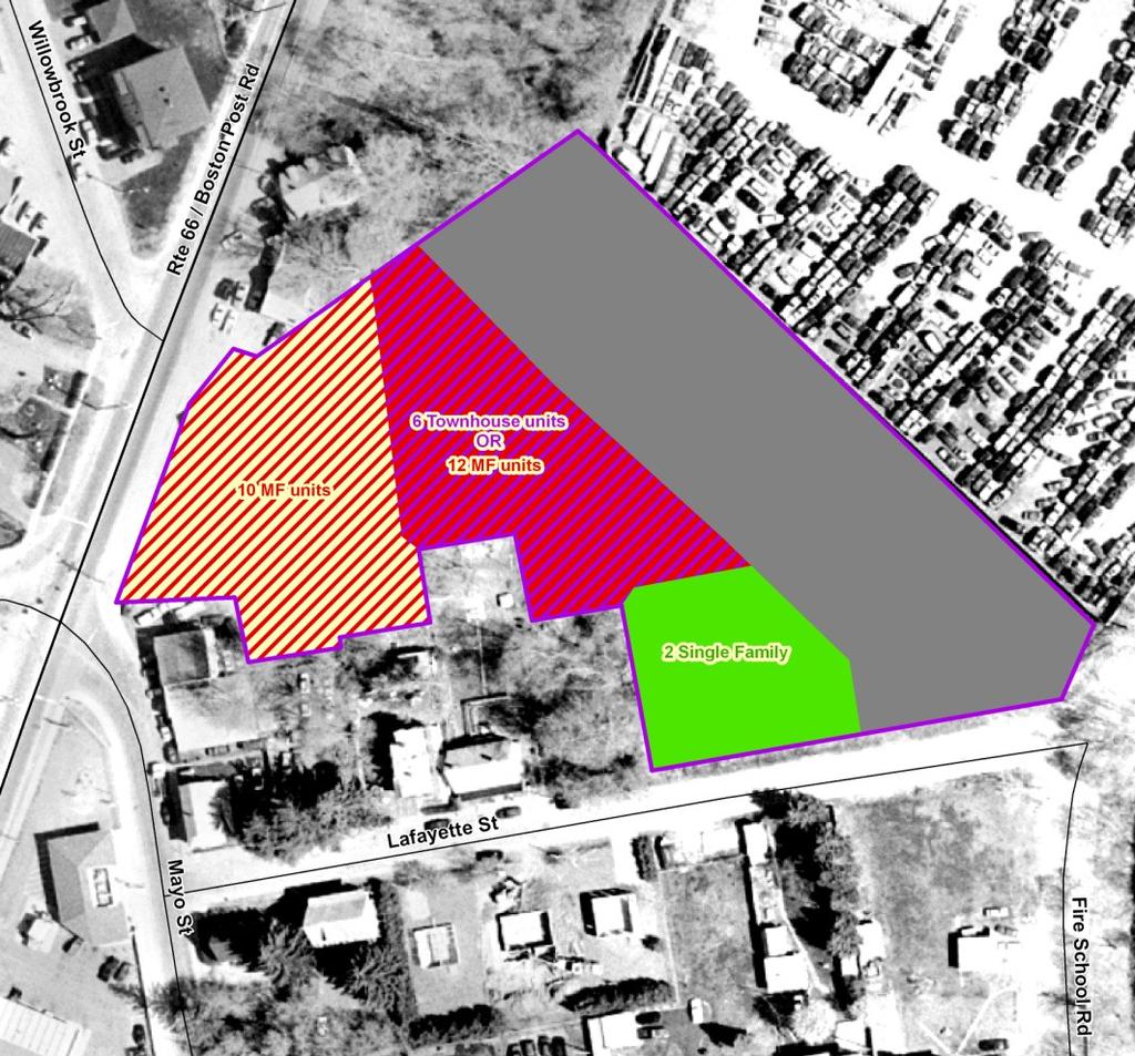30.10.6.2 LOCATION OF USES AND DENSITY Mixed-use with multi-family dwellings are permitted along the frontage on Boston Post Road as shown in the diagram.