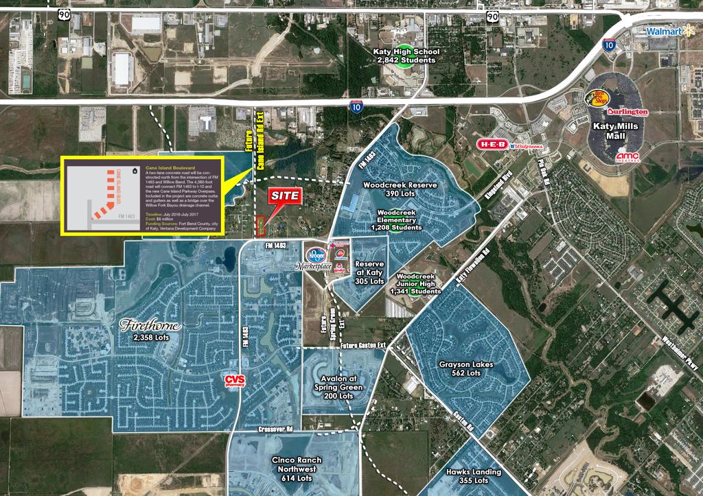 5 Acres - 1958 FM 1463 Rd. 80.57% Historic annual growth in Greater Katy area from 2010-2015 Frontage on major thoroughfare forthcoming; Cane Island Blvd 2016 construction start.