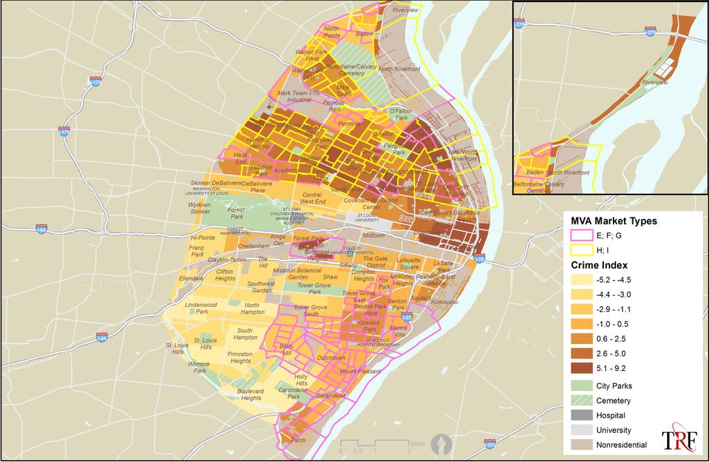 26 Crime Index with MVA Markets (St. Louis, MO) Note: Both crime indicators (personal and property crime) are normalized by the resident population.