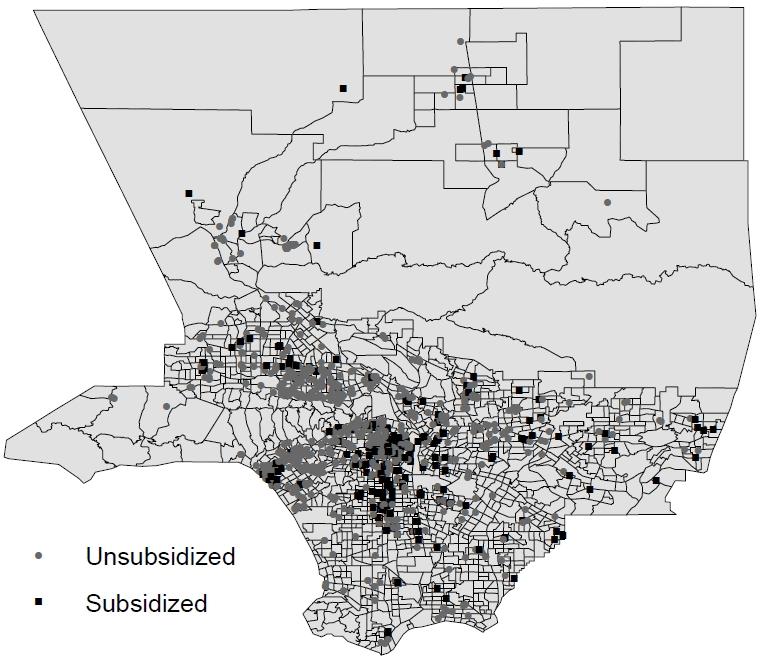 for comparison. Figure 1 is a map of the 1990 census tract boundaries in Los Angeles County that shows the locations of subsidized and unsubsidized buildings.
