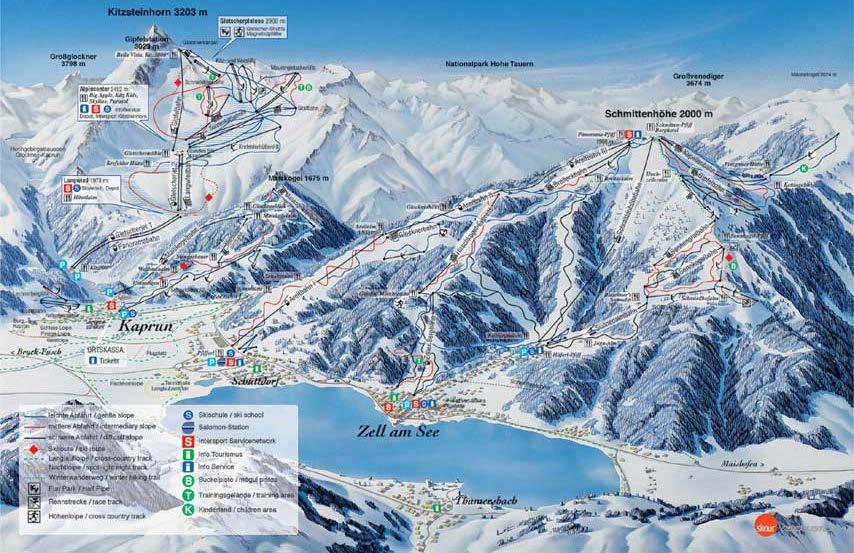 Winter & Skiing 130km of groomed pistes.. The Kitzsteinhorn ski area offers 41km of skiing on the doorstep with 13km of blue runs, 25km of red runs and 3km of black runs.