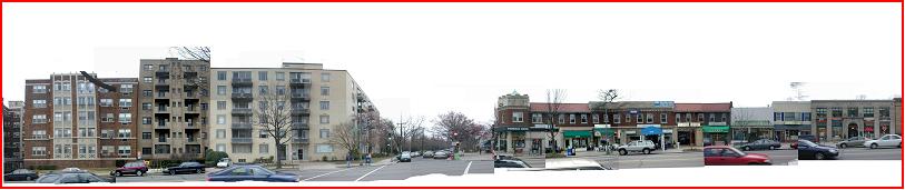 FIGURE 15: Elevation/photo showing zoning shift from high density residential to retail in