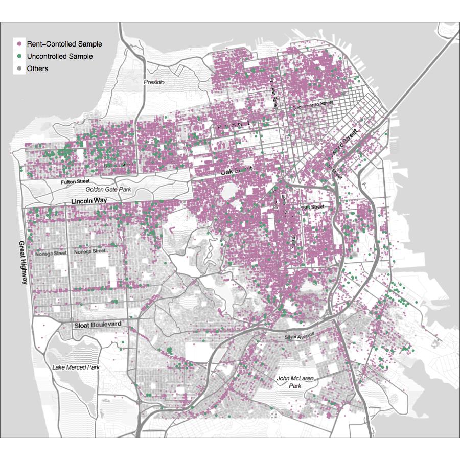 Figure 2: Geographic Distribution of Treated and Control Buildings in San Francisco Notes: The purple dots represent parcels in the treatment group, which are parcels corresponding to multi-family