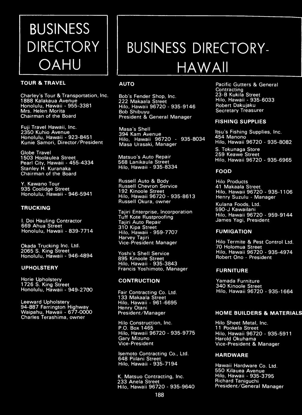 BUS NESS D RECTORY O A H U BUS NESS D RECTORY- H A W A TOUR & TRAVEL Charley's Tour & Transportation, Inc. 1888 Kalakaua Avenue Honolulu, Hawaii - 955-3381 Mrs.