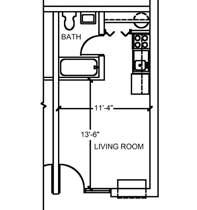 Features of the efficiency apartments are: Full-sized bed Private bathroom Desk and