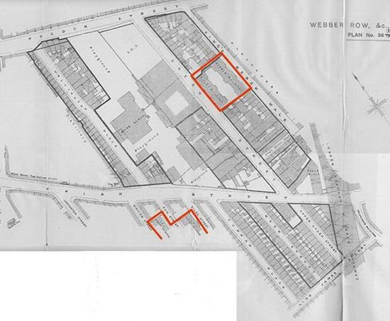 Fig. 3: Kings Bench Walk and Wellington Place clearance areas (outlined in black) iv Fig. 3 above shows the substantial Kings Bench Walk and Wellington Place slum clearance boundaries (in black).