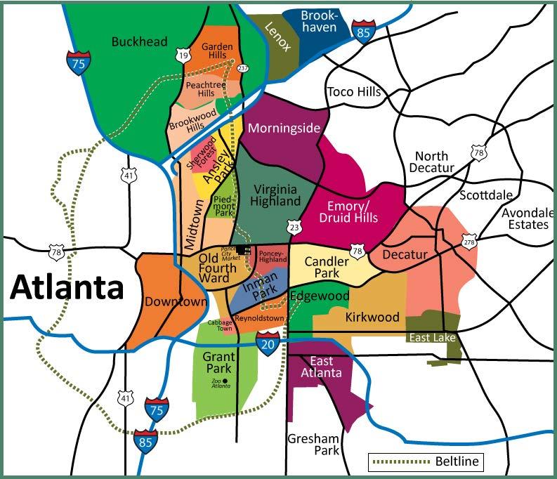 Atlanta Intown Neighborhoods Midtown consists of: The Peachtree Street (aka Midtown Mile ), Historic Midtown, Atlantic Station, Eastern Home Park, Georgia Tech and Technology Square, Home Park,