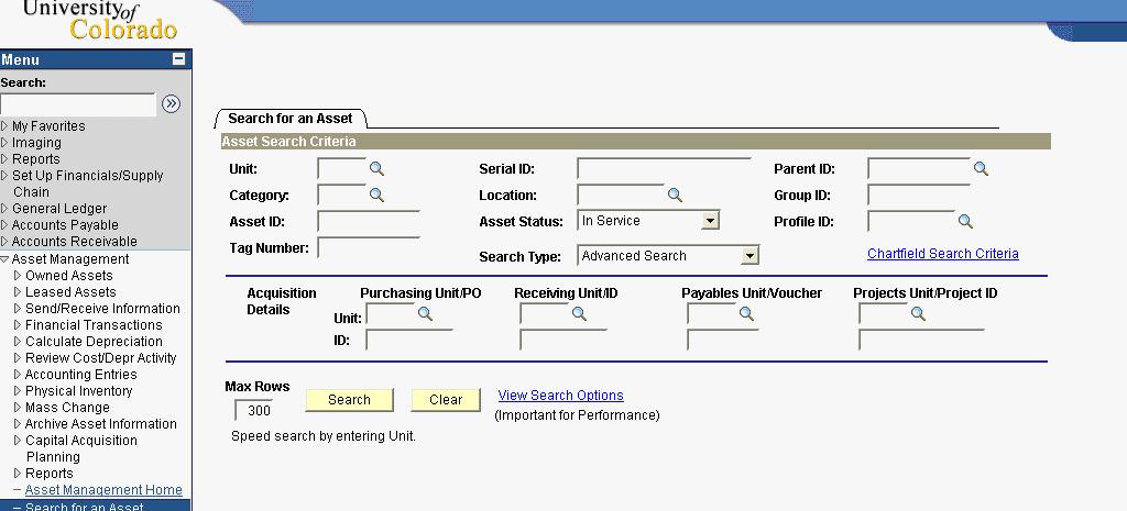 Walkthrough Go > Asset Management > Search for an Asset Search for an Asset On the asset search page, you can enter as many parameters as you need to narrow the