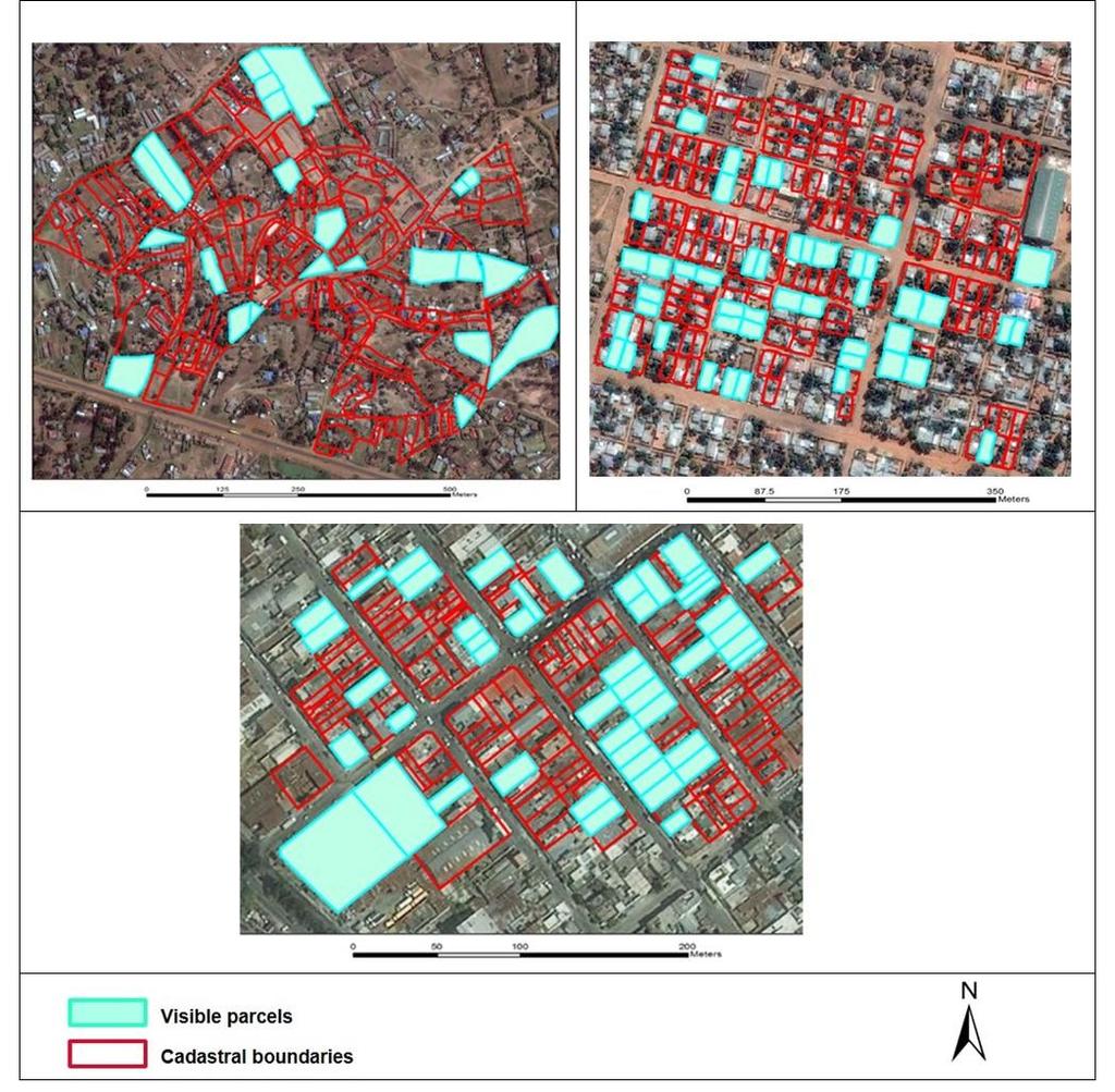 Figure 2 Visual interpretation of complete cadastral parcels in Kenya, Mozambique and Guatemala (clockwise from top-left).