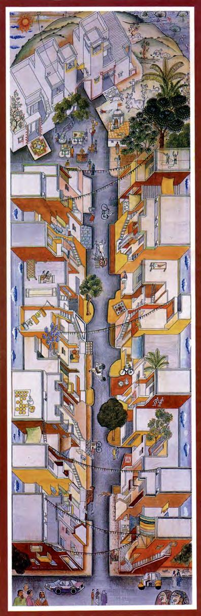 Aranya Low Cost Housing 1989 Indore, Drawing courtesy of VSF Perspective of a street as a miniature, by