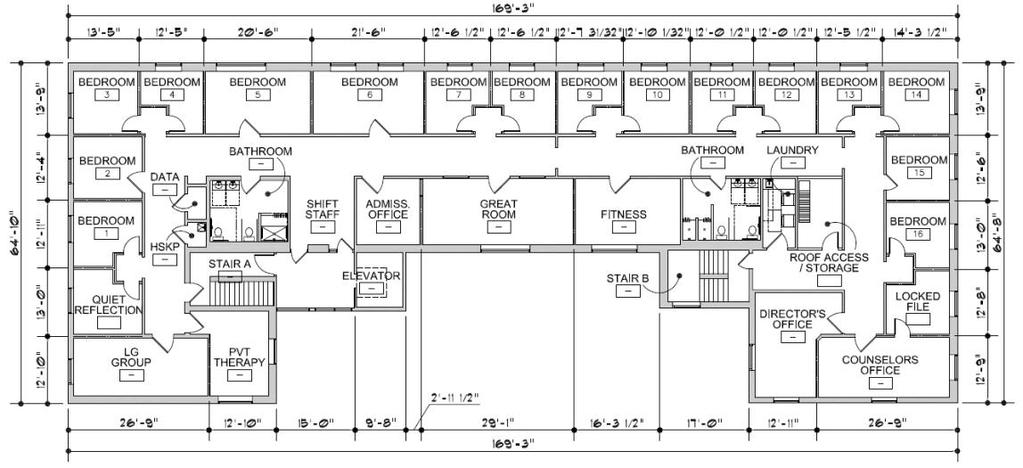 Third Floor Floor Plan Current Configuration Highlights 16 Bed HSS approved & fmrly licensed In-patient facility Secure access security entrance at elevator lobby egress 16 private bedrooms Two