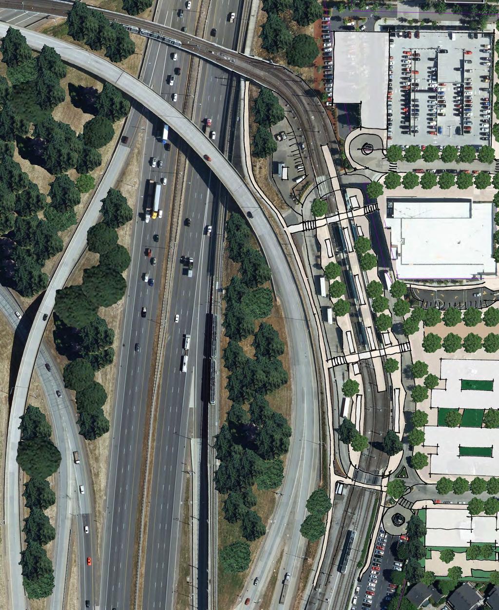 New comprehensive landscape plan for freeway interchange. Large firs would enhance and strengthen Gateway/ Rocky Butte identity, create symbolic eastern gateway to Portland.