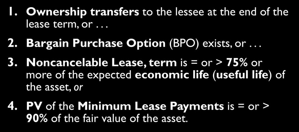 4 Classification Criteria 15-4 I: Operating Lease II: Capital Lease A capital lease must meet one of four