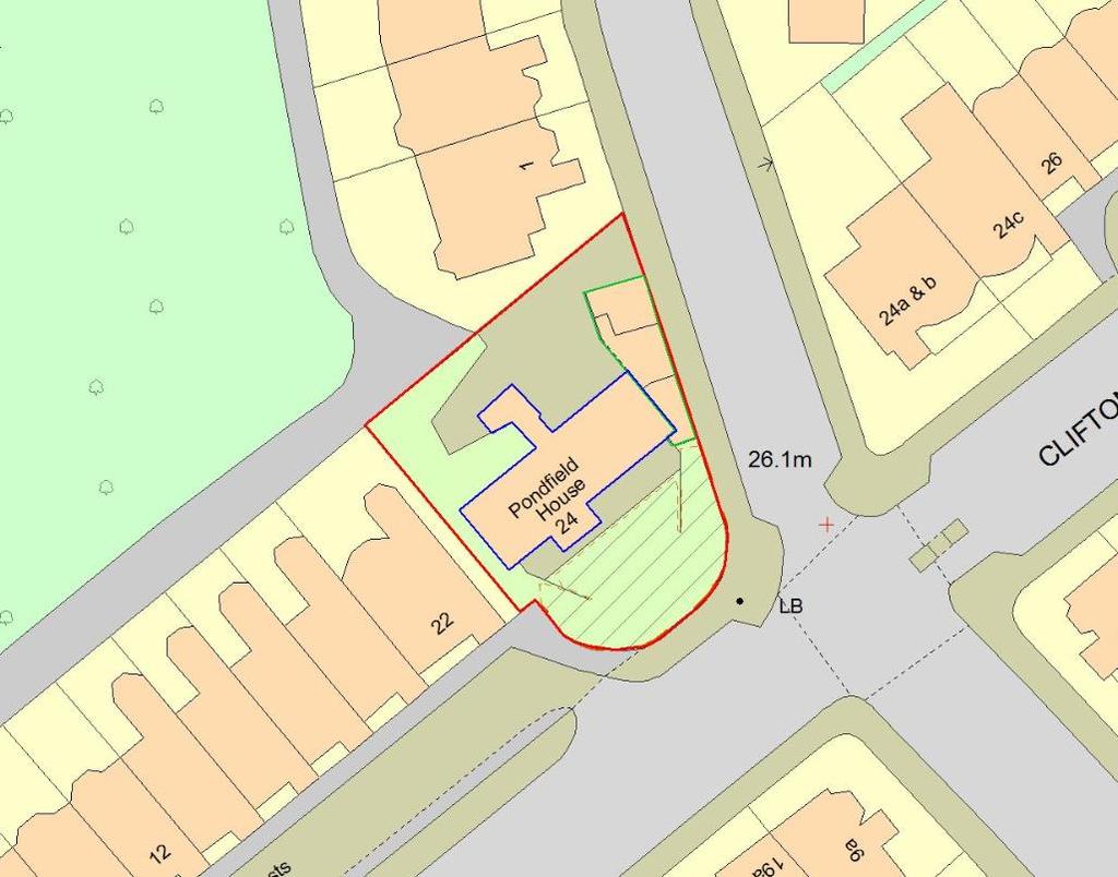 The red arrow indicates the existing point of direct access from the site to the communal gardens.