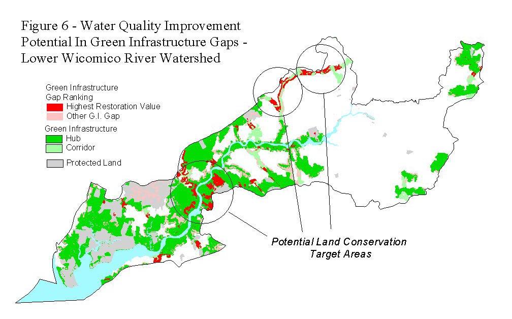 For example, gaps in the Green Infrastructure can be identified and prioritized based on a restoration activity s (e.g. wetland or buffer restoration) ability to contribute to water quality enhancement (Figure 6).