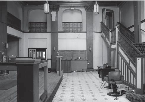 Before/after. The lobby was preserved, the reception desk reused, and the overlook on the second floor restored as part of the rehabilitation.