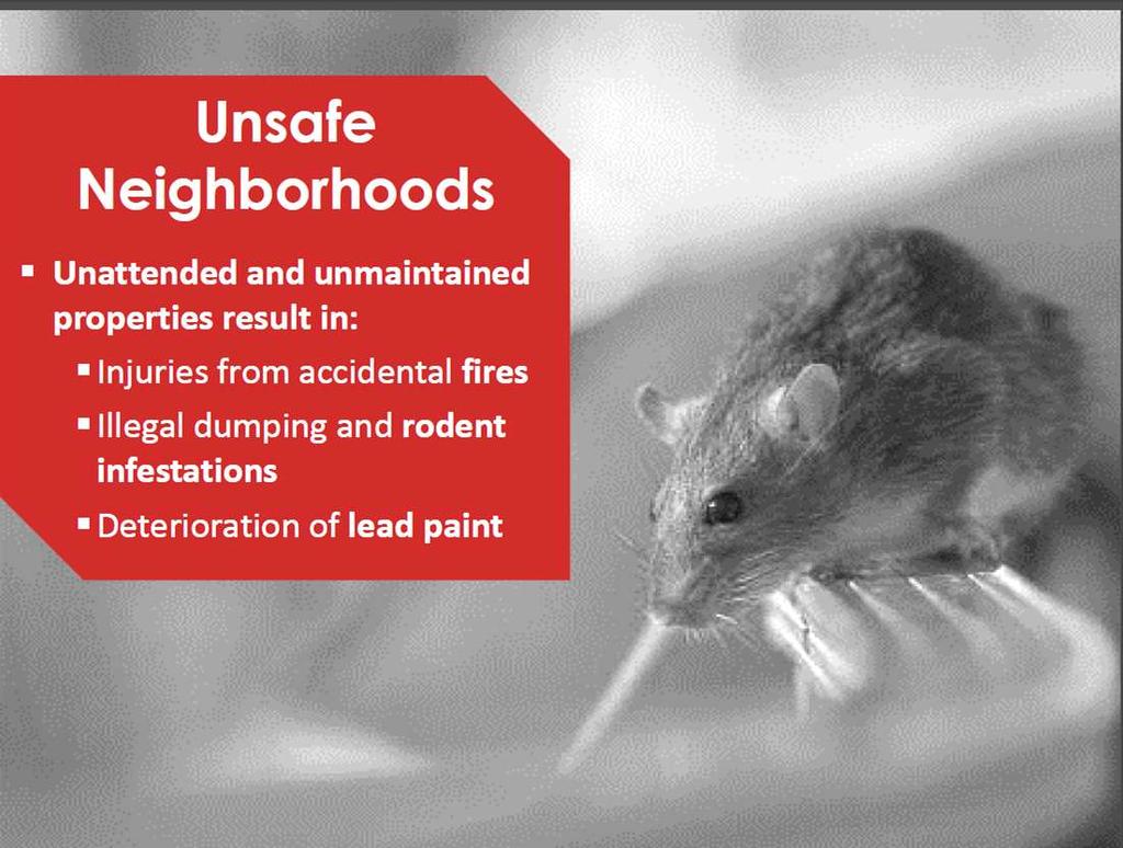 UNSAFE NEIGHBORHOODS Unattended and unmaintained properties result in: Illegal dumping and rodent infestation Injuries from