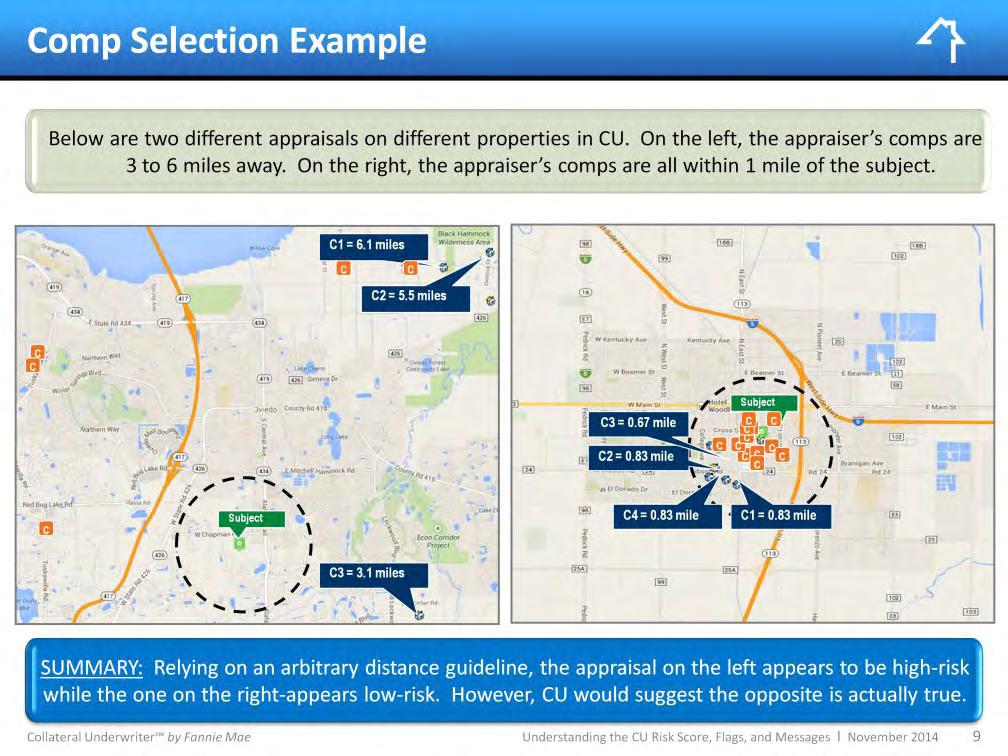 Here are location maps for two appraisals with one mile radius circles drawn around the subject properties. These are from real appraisals of two different properties submitted through UCDP.