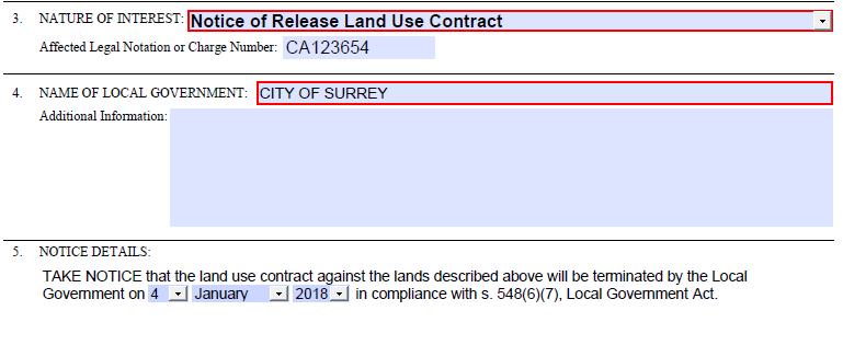 EXAMPLE: NOTICE OF RELEASE LAND USE CONTRACT Release of Land Use Contract (By Effluxion of Time) Line 1 - Release of land use contract field: when Release of Land Use Contract (By Effluxion of Time)