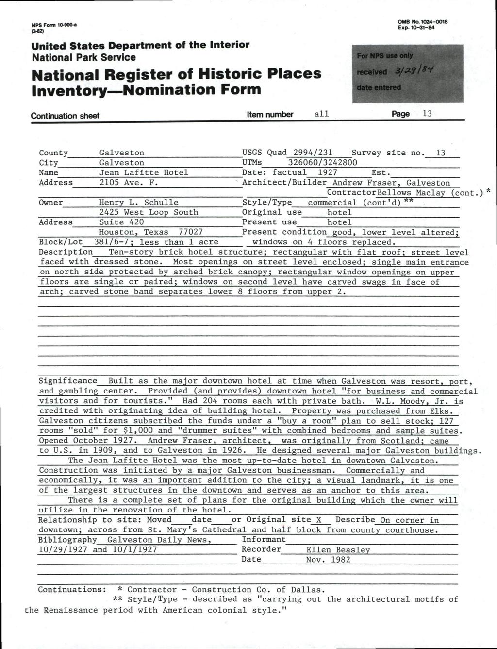 NPS Form lo-mo-a United States Department of the Interior National Park Service National Register of Historic Places Inventory Nomination Form Continuation sheet Item number all ^^^^^^^^^^^^^^^ For