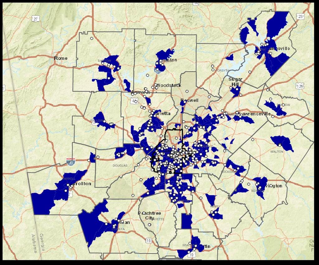 Subsidized Units Located in Low-Opportunity Areas % in Poverty and subsidized housing unit locations 20% or Above Subsidized Housing Units This map isolates neighborhoods (areas in blue) in the
