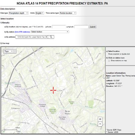 Using NOAA Atlas 14 rainfall data. Web site: hdsc.nws.noaa.gov Click the map for PA.