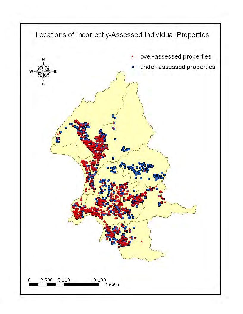 in declining and stable areas and under-assessed properties tend to cluster in the developing area. However, a reliable spatial relationship of assessment ratios needs further analysis.