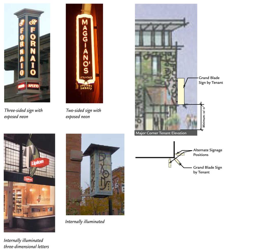 RECOMMENDED SIGN TYPES Grand Projecting Signs Corner Feature Signs Grand Projecting signs are intended for use at specific building corners to identify and emphasize prominent Tenants.