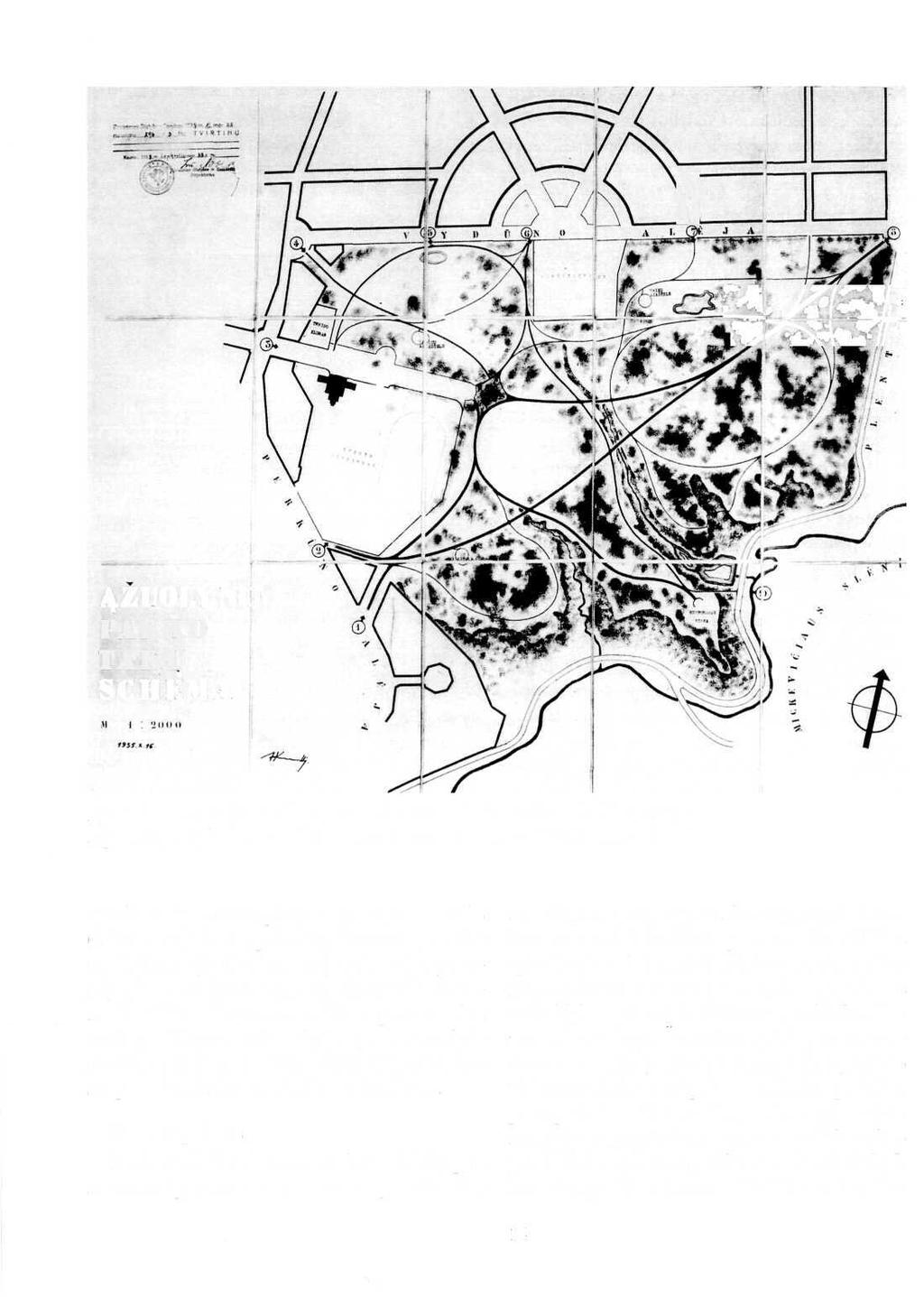 s 1. ж^ > «^-wr- ĄŽUOLYNO PAUK O TAKU SCHEMA 5 pav. Kauno Ąžuolyno parko projektas. Autorius arch. Jonas Kovalskis-Kova, 1935 m. Fig. 5. Project of Kaunas Oaks Park. Author arch.